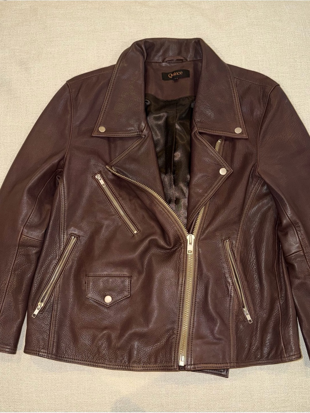 QUINCE “100% Leather Oversized Biker Jacket”
 - Size: M in BROWN
